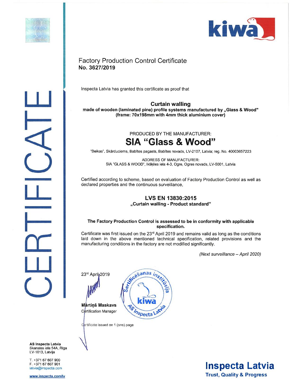 Certificate LVS EN 13830:2015