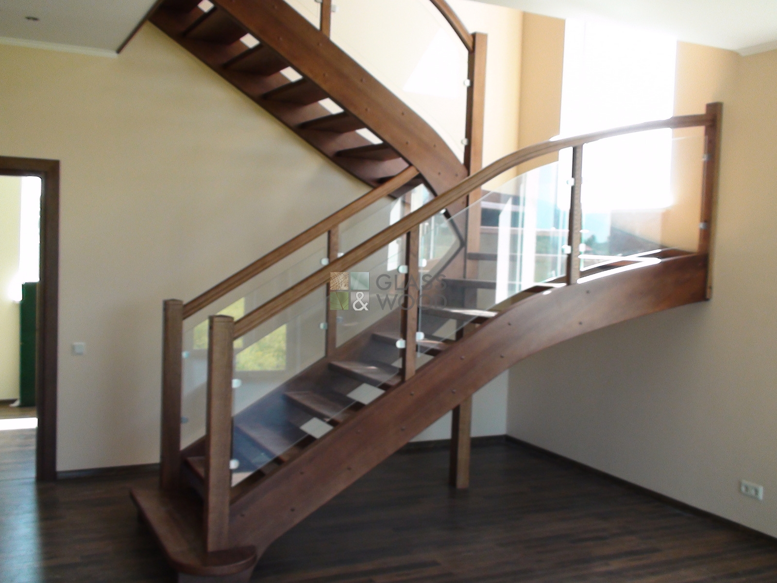 Wooden stairs with glass